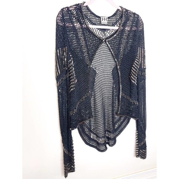 Haute Hippie Black Crochet Knit Beaded Long Sleeve Cardigan - Picture 5 of 9